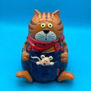 VTG Stokes Denim Cat Ceramic Cookie Jar Orange Tabby Mouse in Pocket Red Bandana